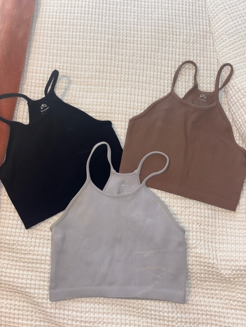 Ribbed High-Neck Cropped Camisoles in Black, Brown & Gray